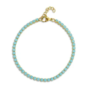 18k Gold PVD Coated Stainless Steel Turquoise Rhinestone Tennis Chain Bracelet With 1" Extension / TBR0006