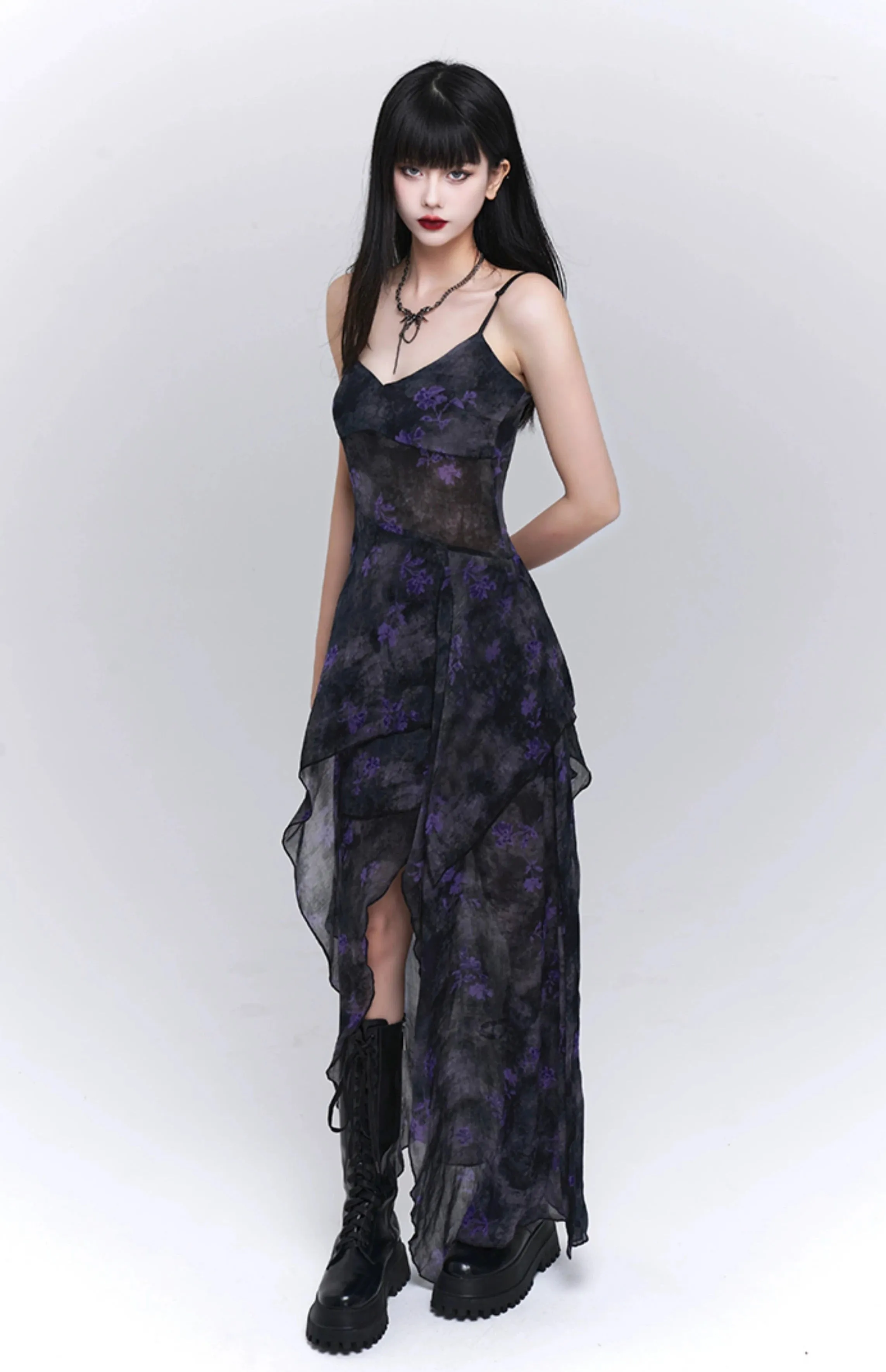 Asymmetric Hem Floral Sheer Overlay Dress