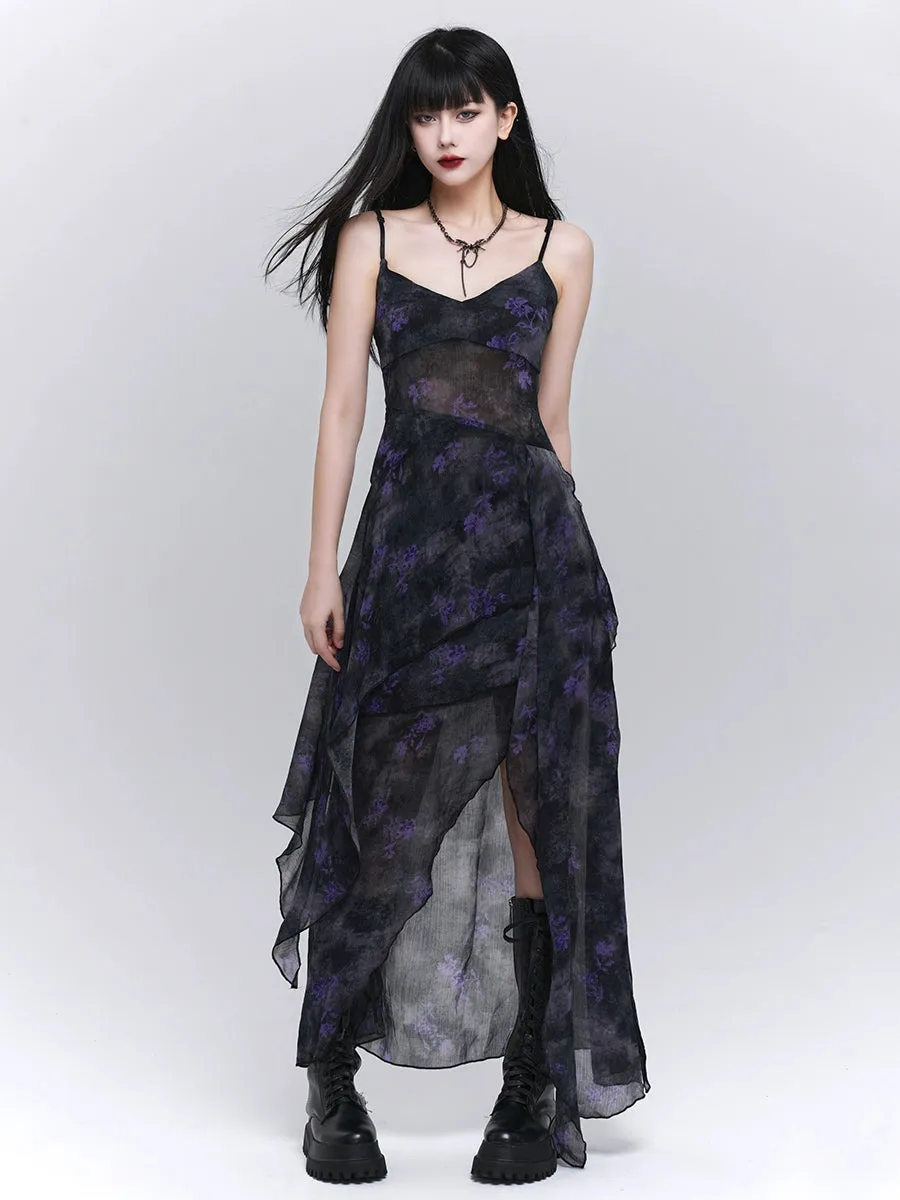 Asymmetric Hem Floral Sheer Overlay Dress