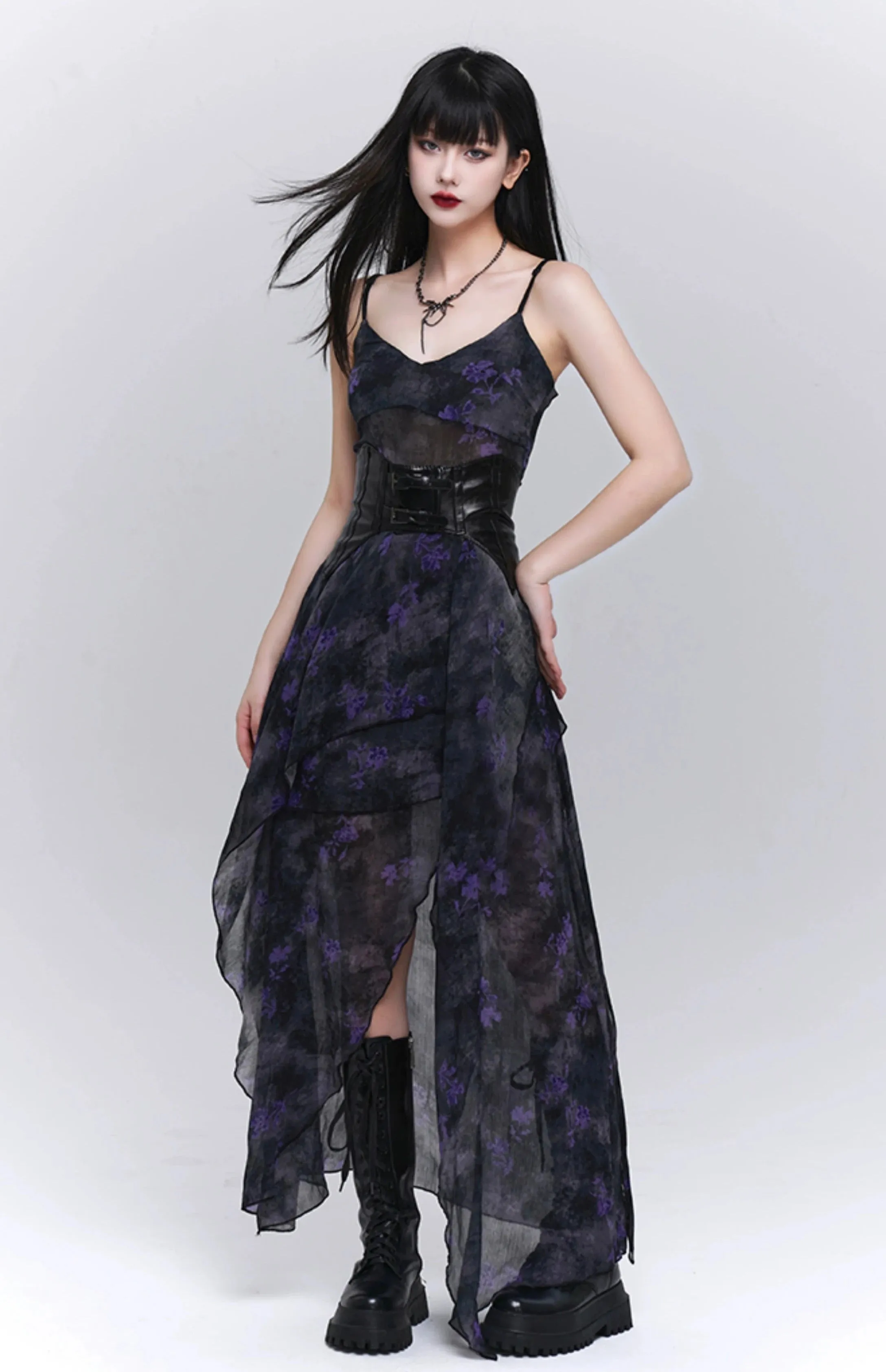 Asymmetric Hem Floral Sheer Overlay Dress