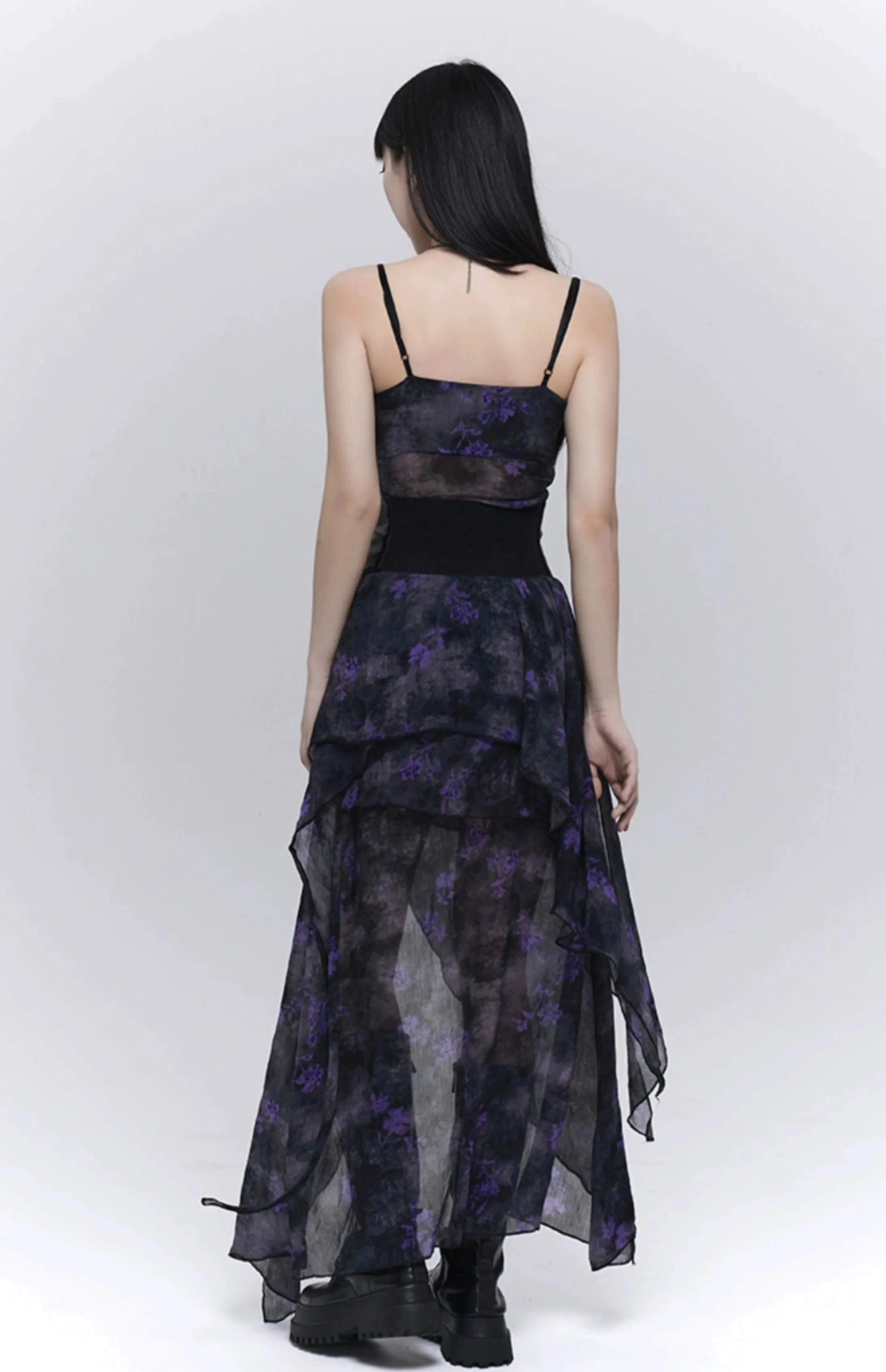 Asymmetric Hem Floral Sheer Overlay Dress