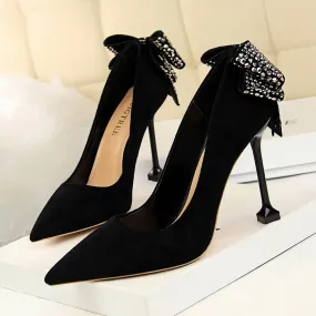 Autumn Women Shoes Pointed Toe Pumps 9.5CM Thin Heels Wedding Dress Shoes Flock Rear Rhinestone Bow tie High Heels Boat Shoes