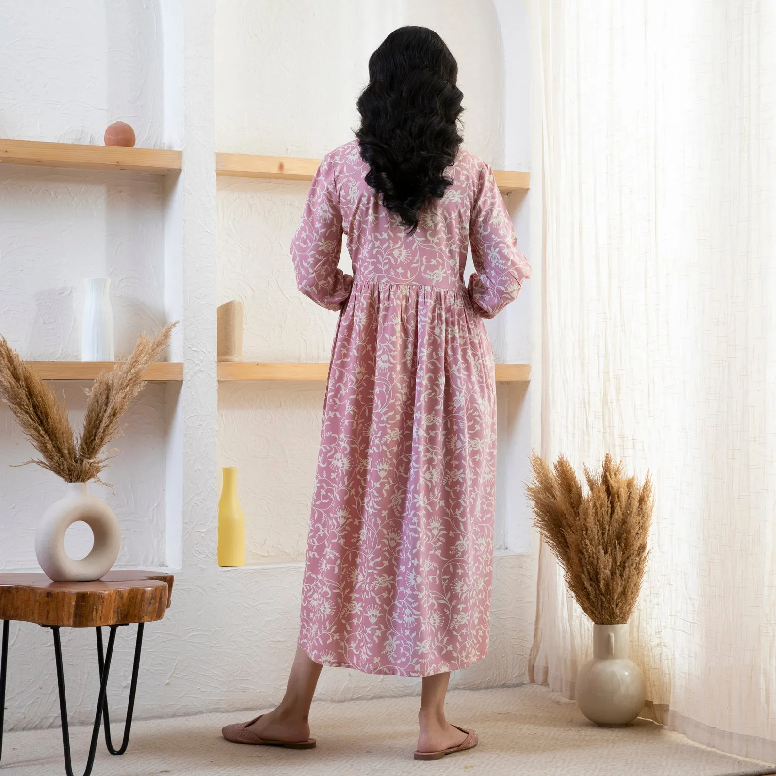 Baby Pink V Neck Front Gathered Dress