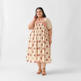 Beige & Pink V Neck Gathered Dress - SOM