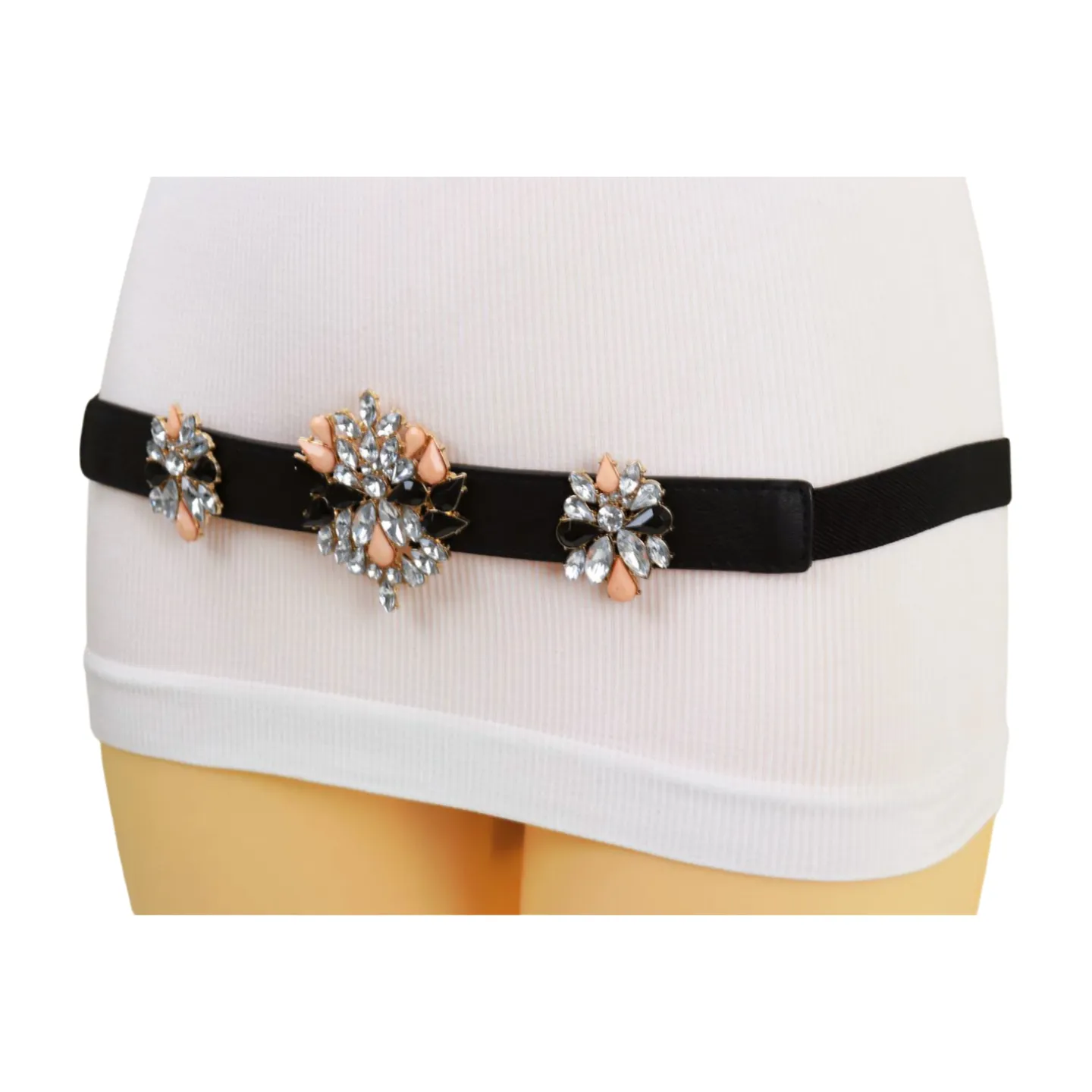 Black Elastic Skinny Belt Pink Bling Charms Fit Size S M