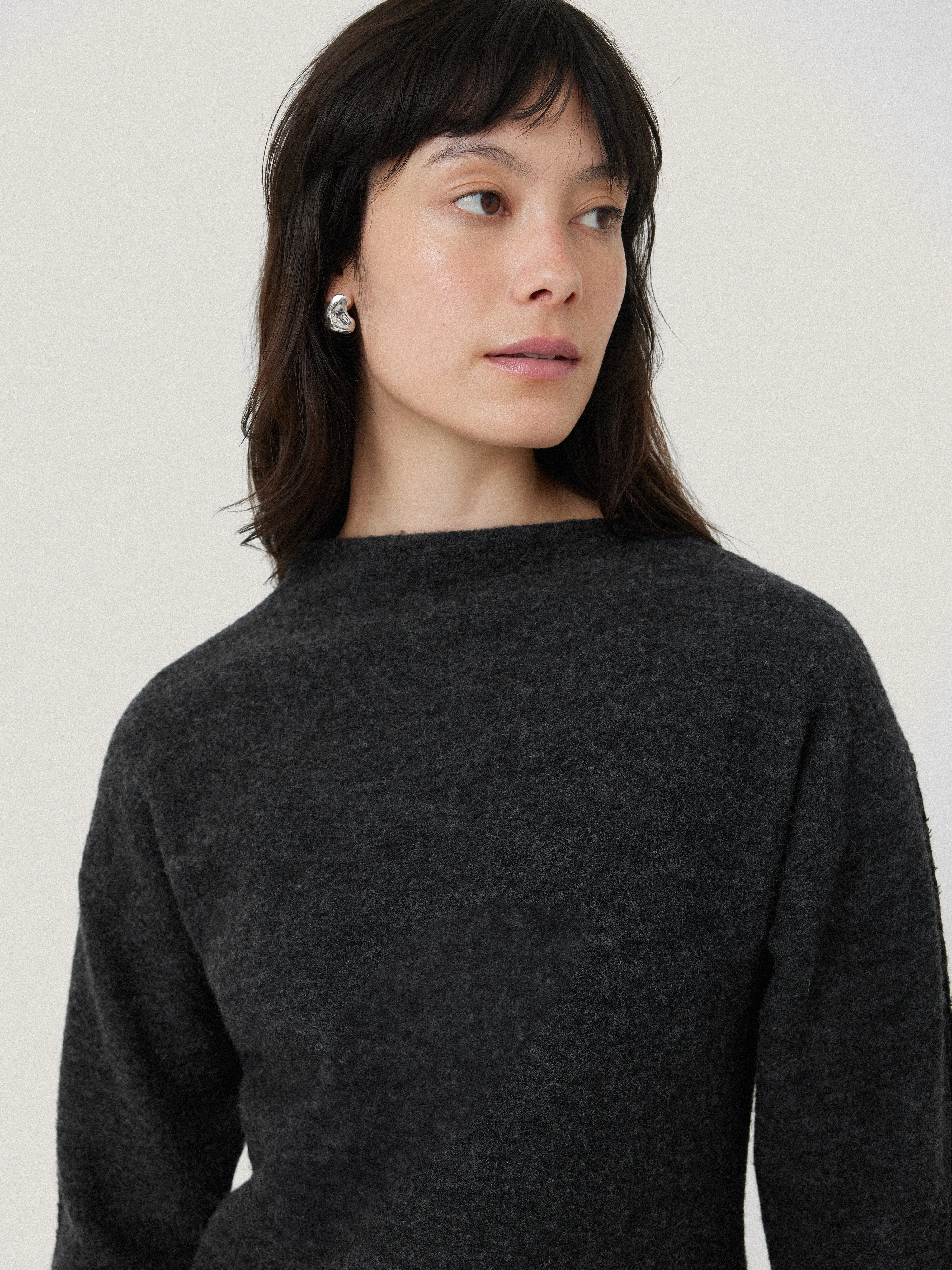 Boiled Wool Blend Batwing Top | Dark Grey