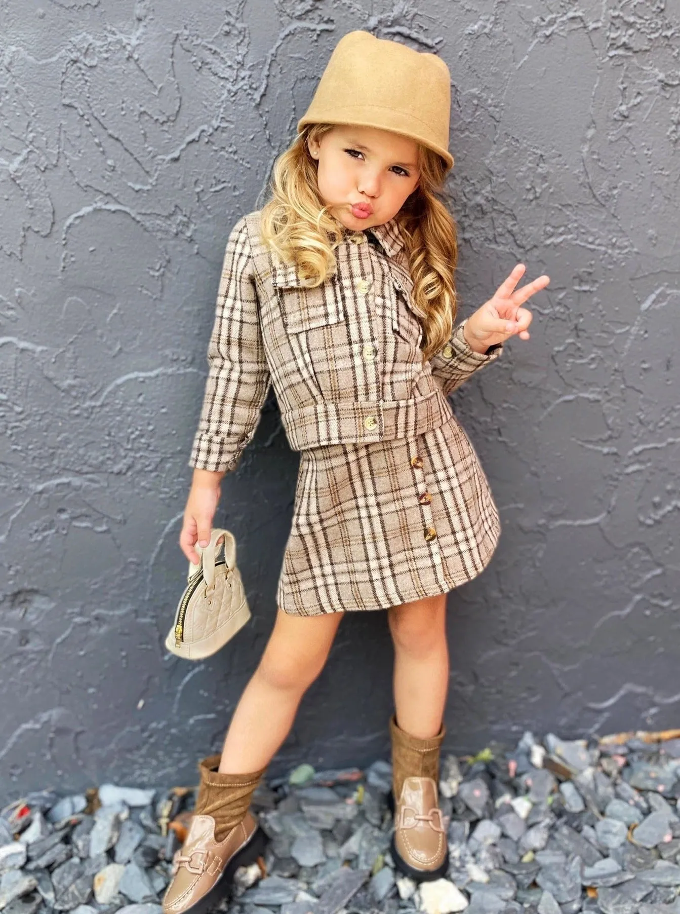 Bold Ambition Plaid Collared Jacket and Skirt Set