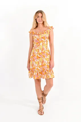 Bright Summer Floral Ruffle Neck Dress