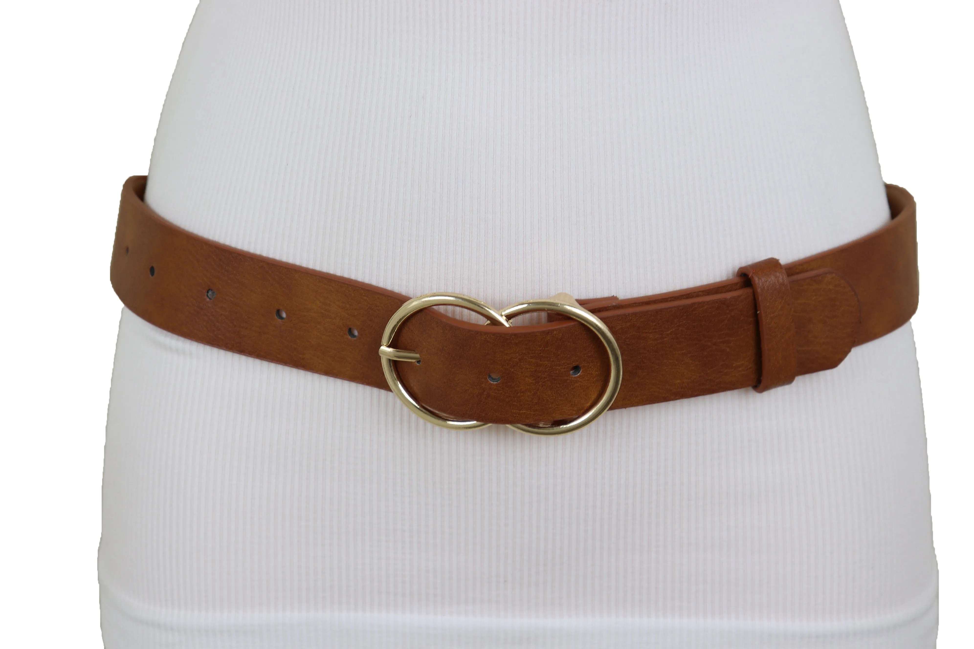 Brown Color Faux Leather Fashion Belt Hip Waist Gold Metal Buckle Size M L