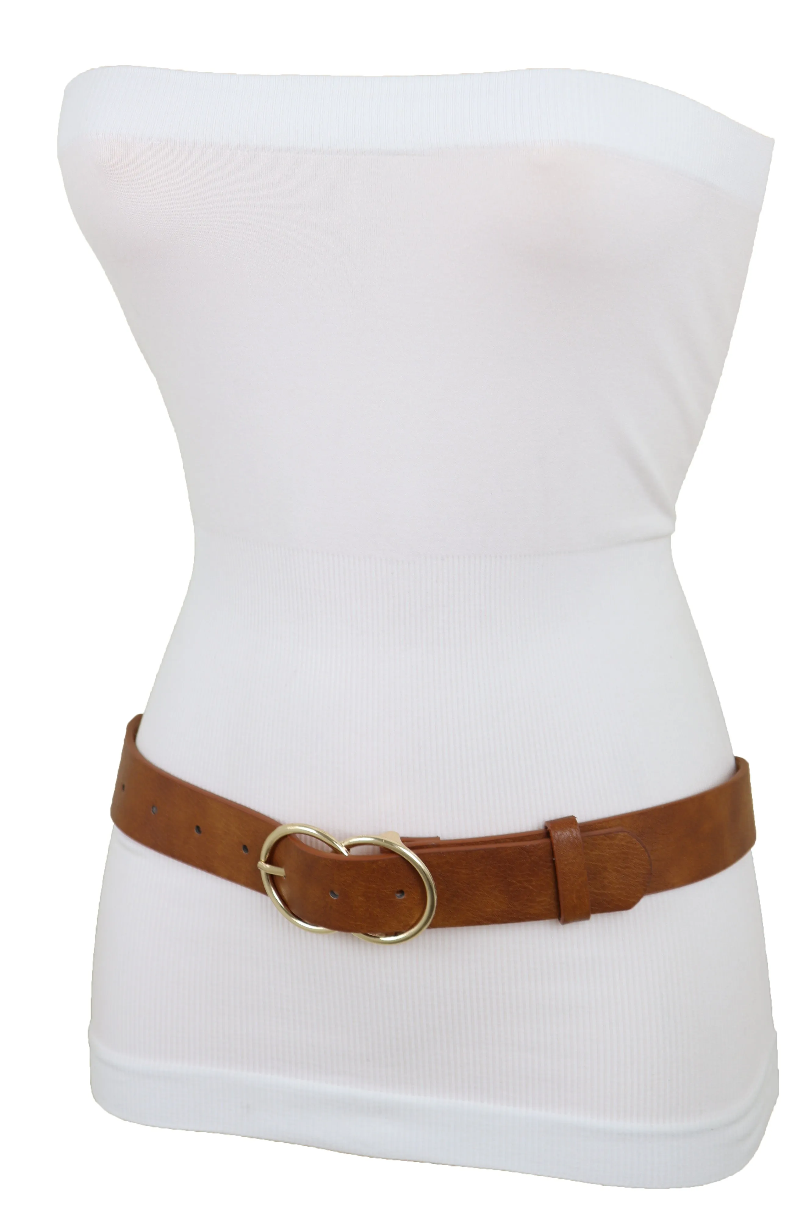 Brown Color Faux Leather Fashion Belt Hip Waist Gold Metal Buckle Size M L