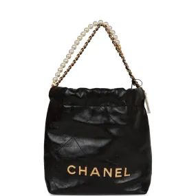 Chanel Mini 22 Bag Black Calfskin and Pearl Antique Gold Hardware