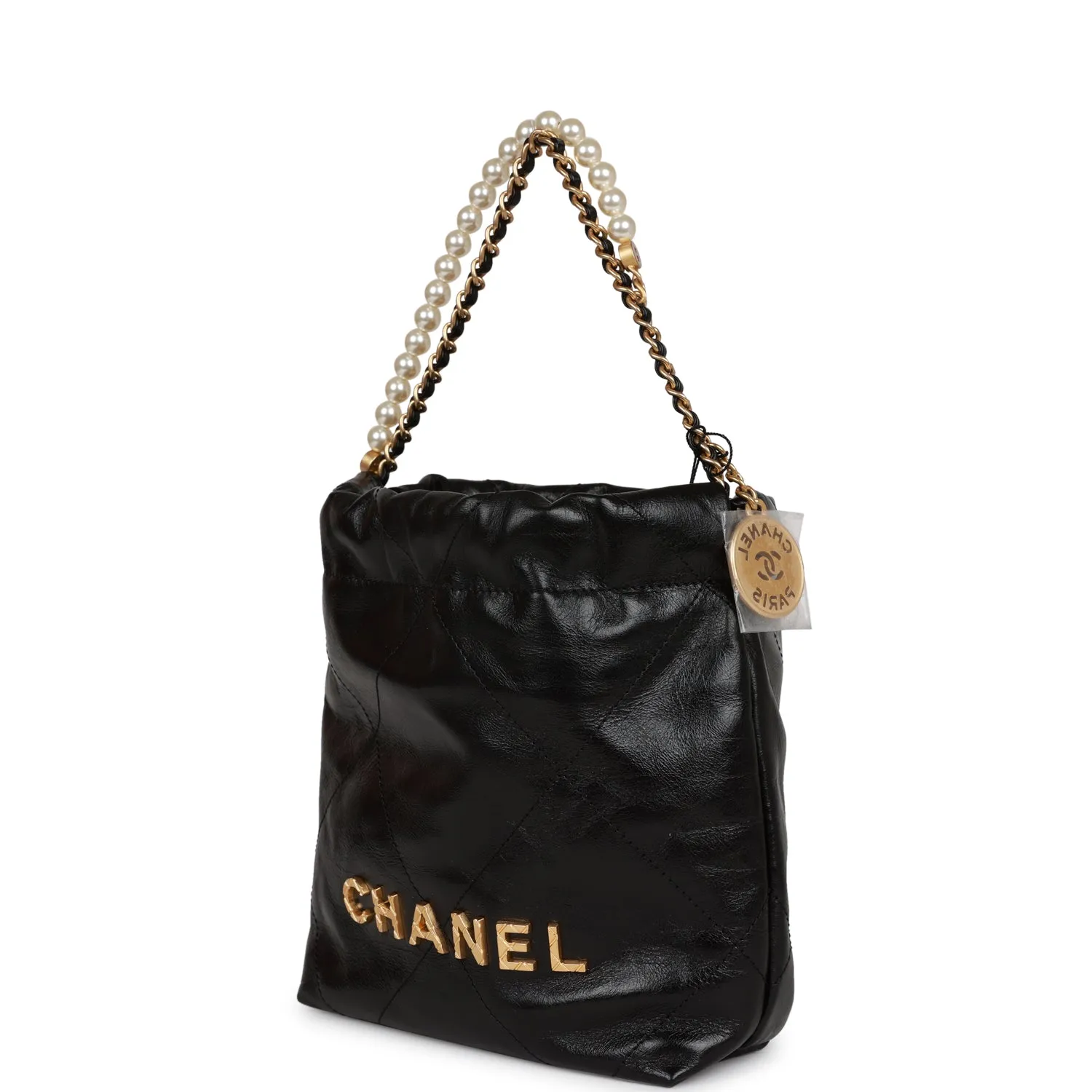 Chanel Mini 22 Bag Black Calfskin and Pearl Antique Gold Hardware