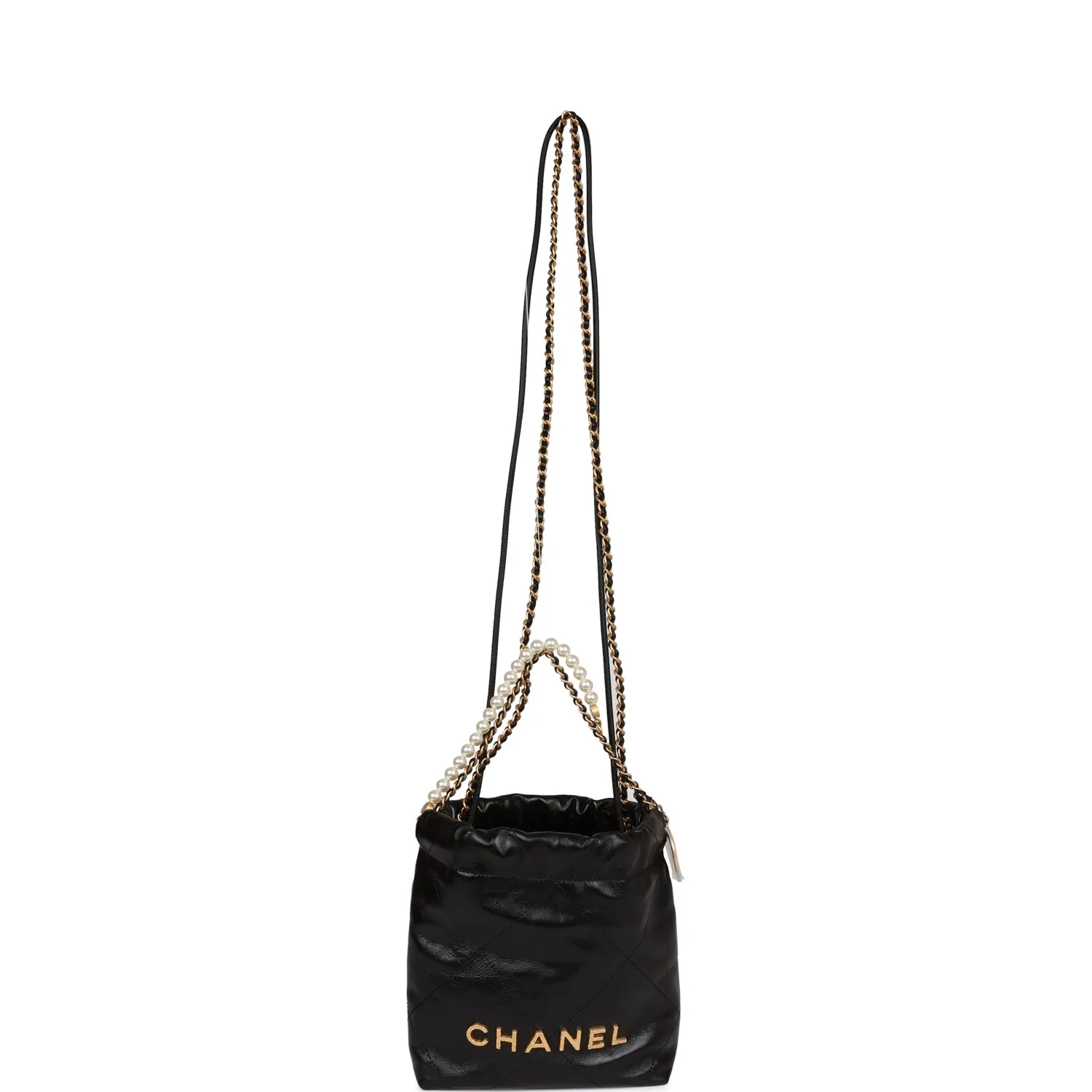 Chanel Mini 22 Bag Black Calfskin and Pearl Antique Gold Hardware