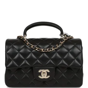 Chanel Mini Rectangular Flap Bag with Top Handle Black Lambskin Light Gold Hardware