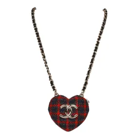 Chanel Red and Blue Plaid Heart Necklace Locket Light Gold Hardware