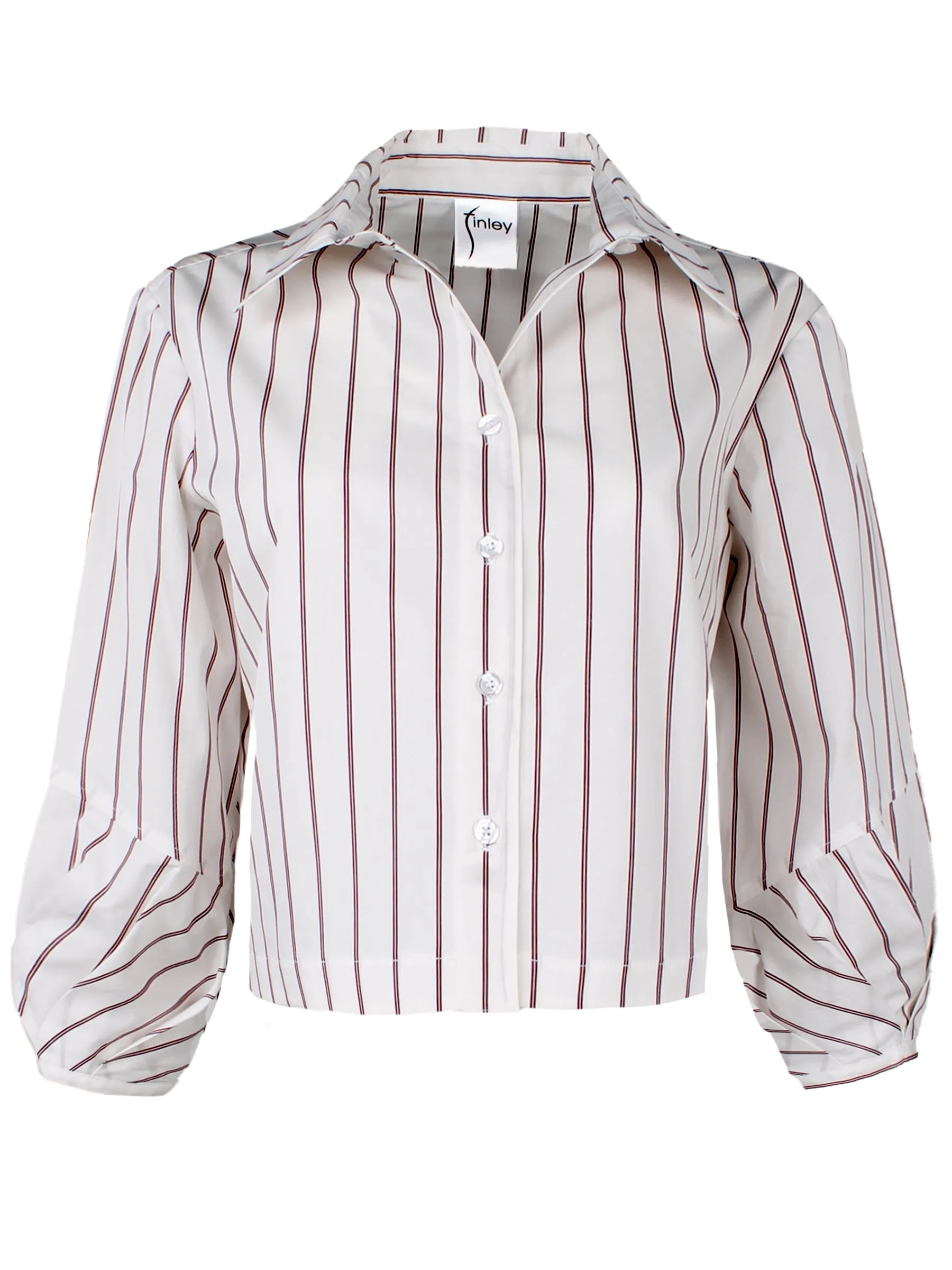 Emmy, Pleated Cuff Cropped Poplin Shirt, Red Pinstripe