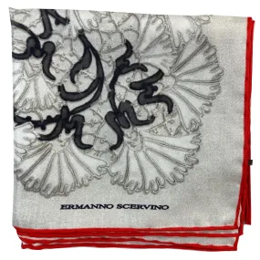 Ermanno Scervino Scarf Light Gray Black Red Floral - 27" Square Twill Silk Scarf SALE