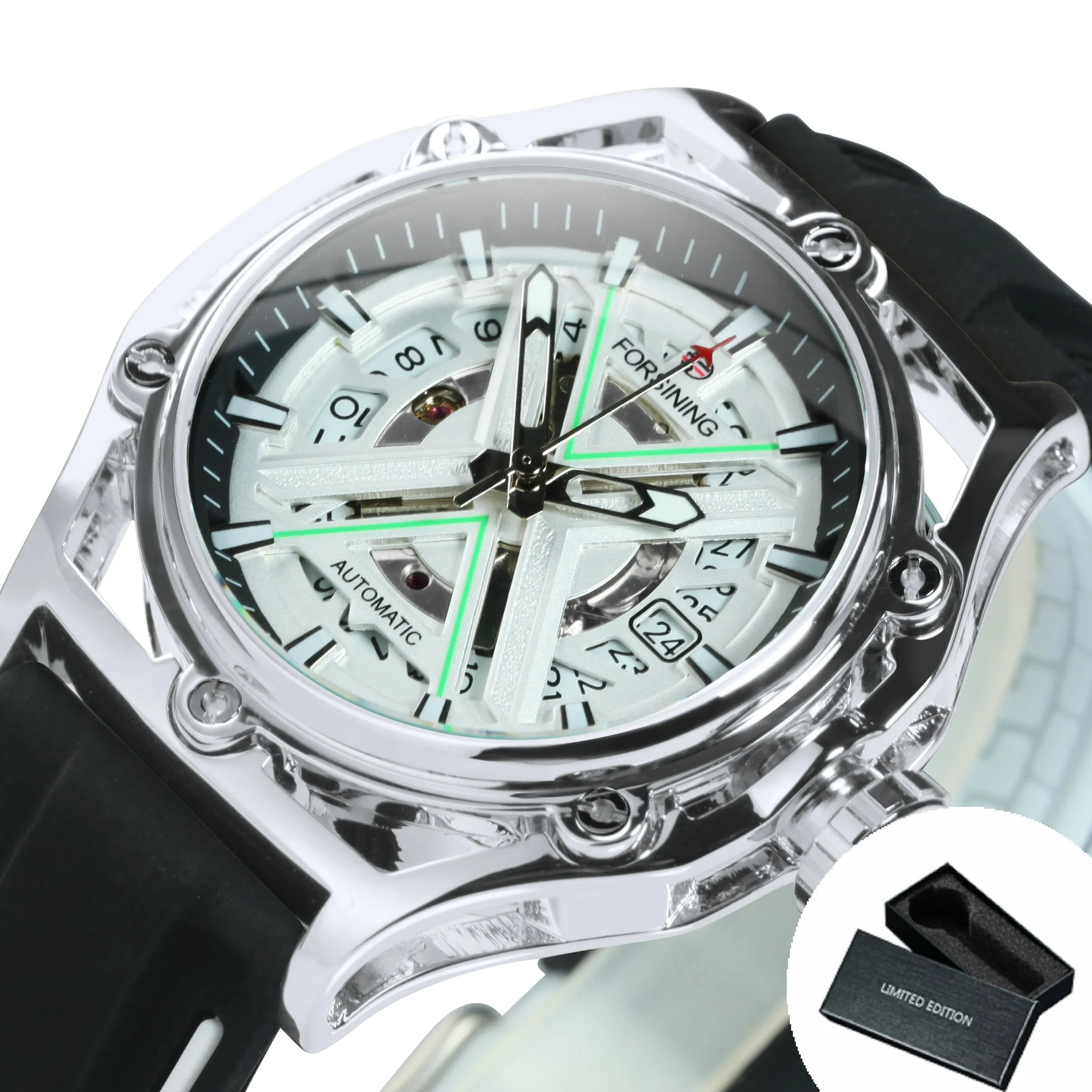 Forsining Sports Automatic Mechanical Watch for Men Calendar Hollow Out Dial TM477G