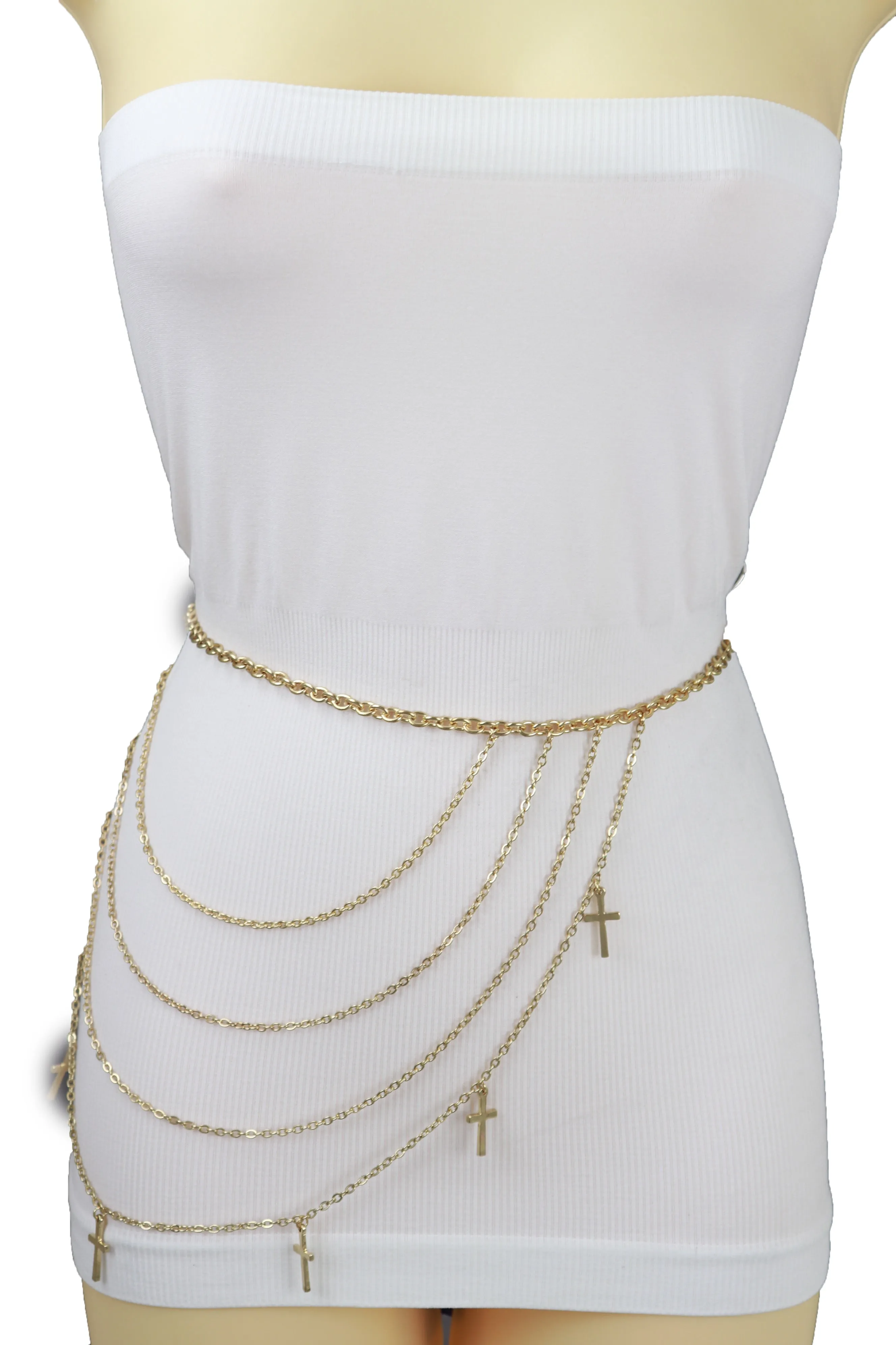 Gold Metal Chain Links Waves Belt Cross Charms S M L