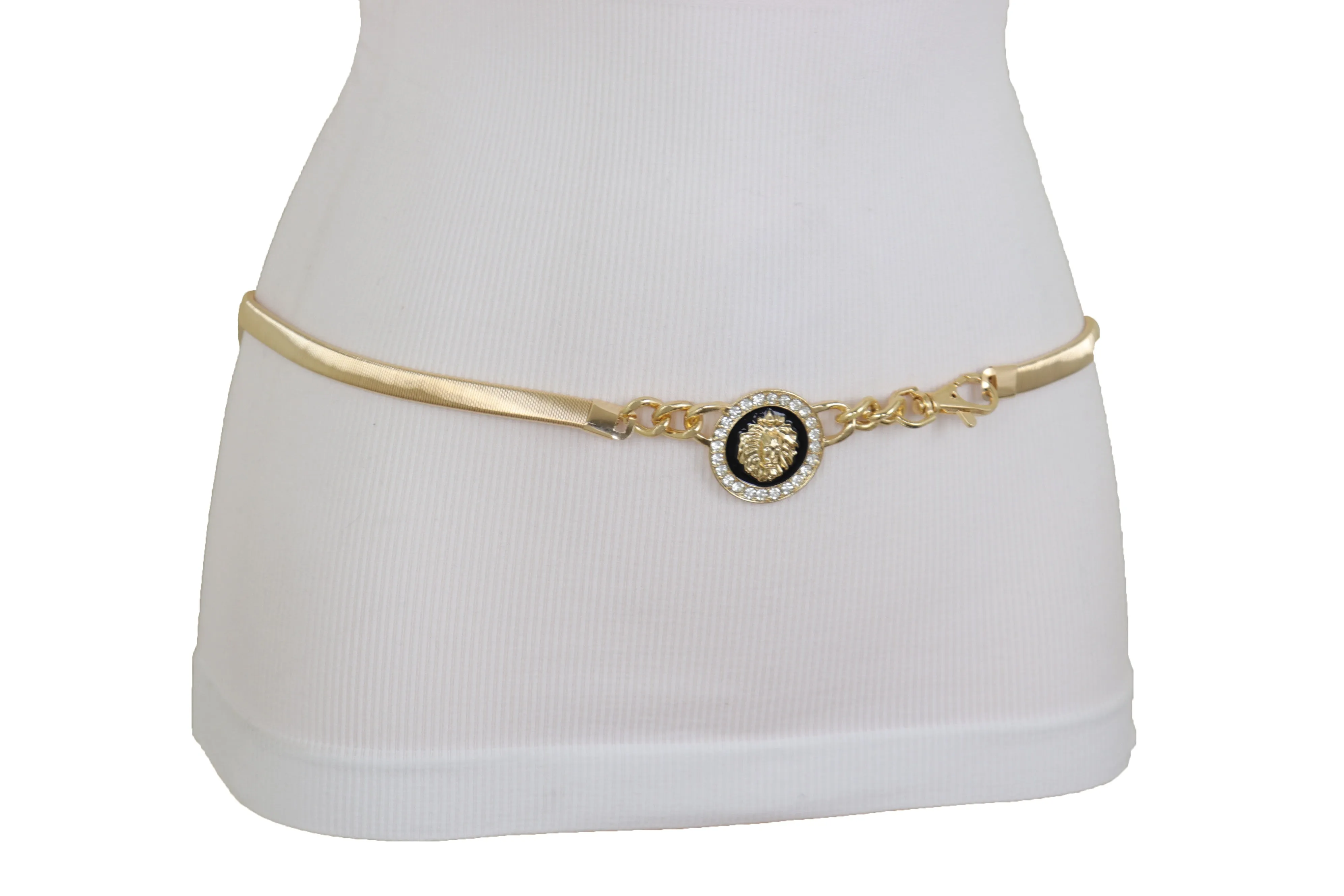 Gold Metal Elastic Waistband Belt with Rhinestone Lion Medallion