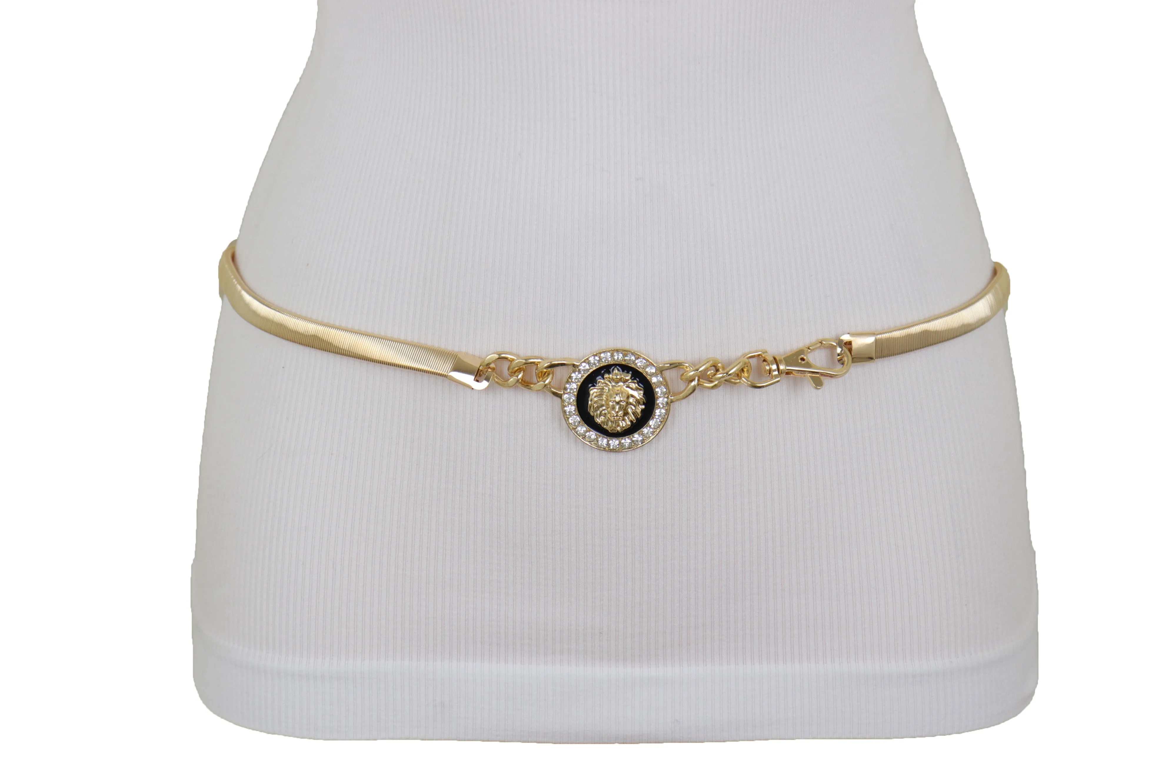 Gold Metal Elastic Waistband Belt with Rhinestone Lion Medallion