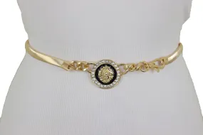 Gold Metal Elastic Waistband Belt with Rhinestone Lion Medallion