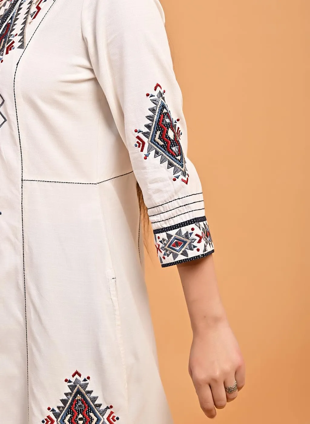 Ivory Long Straight Cotton Kurta with Geometrical Motif Embroidery