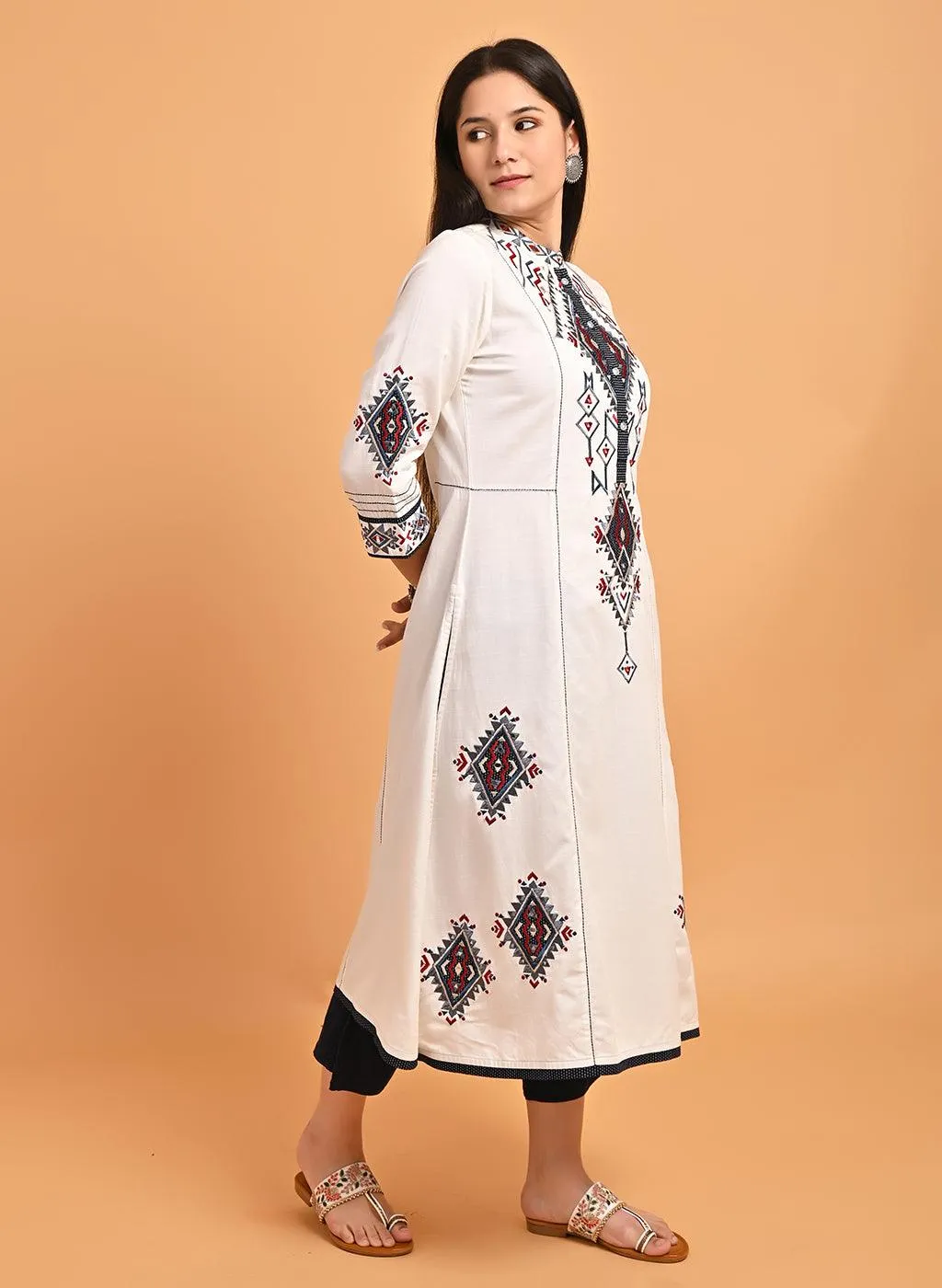 Ivory Long Straight Cotton Kurta with Geometrical Motif Embroidery