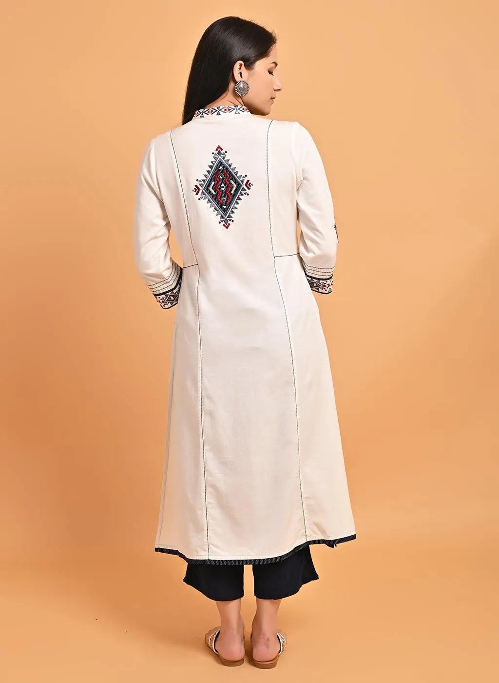 Ivory Long Straight Cotton Kurta with Geometrical Motif Embroidery