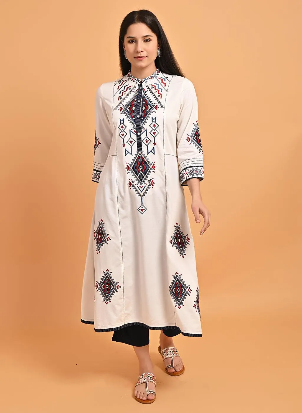 Ivory Long Straight Cotton Kurta with Geometrical Motif Embroidery