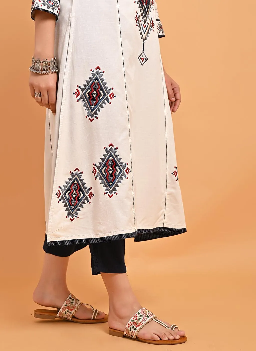 Ivory Long Straight Cotton Kurta with Geometrical Motif Embroidery