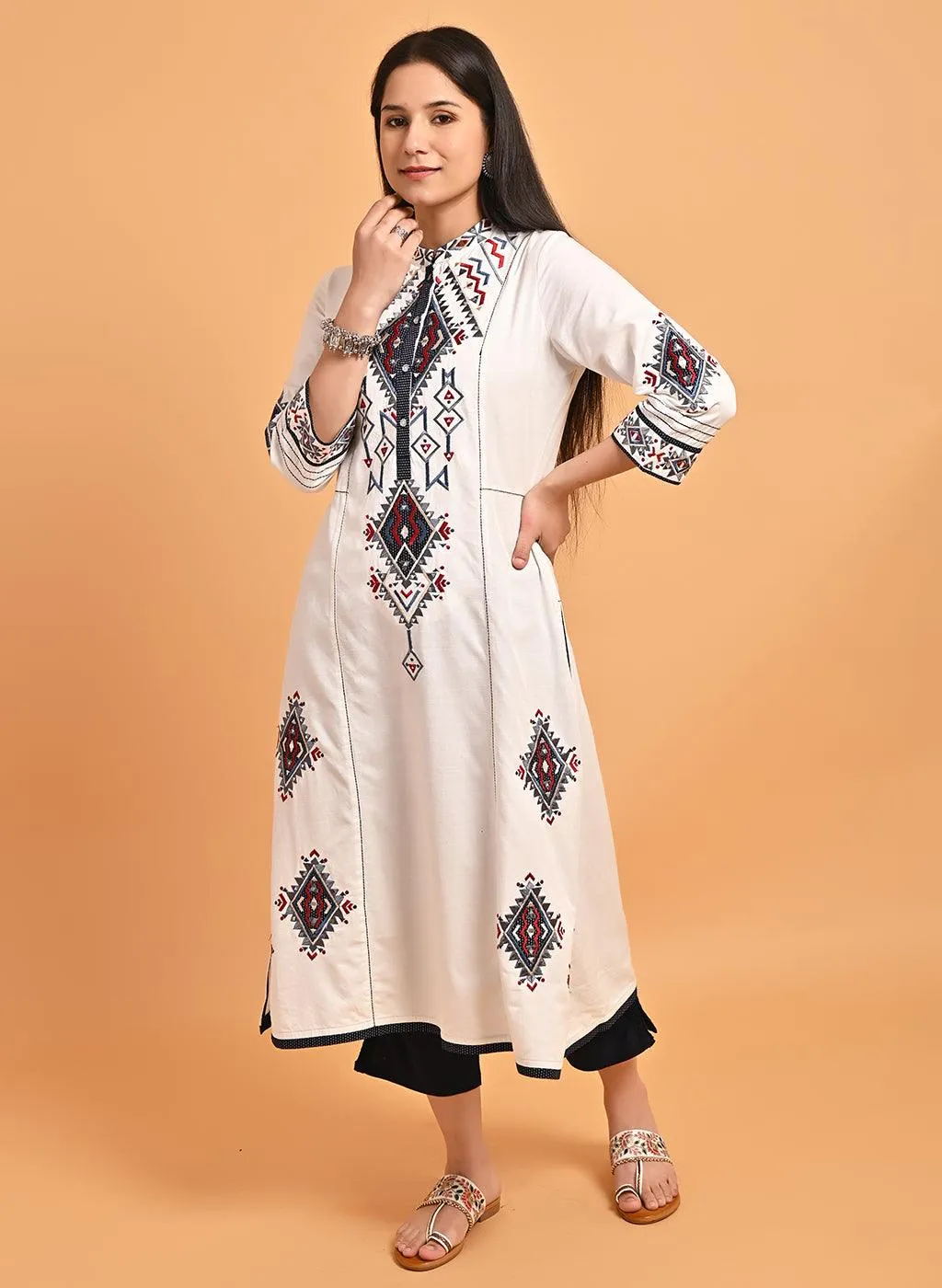 Ivory Long Straight Cotton Kurta with Geometrical Motif Embroidery