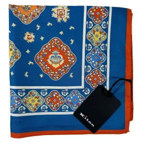 Kiton Women Scarf Dark Blue Orange Design - Twill Silk Square Foulard