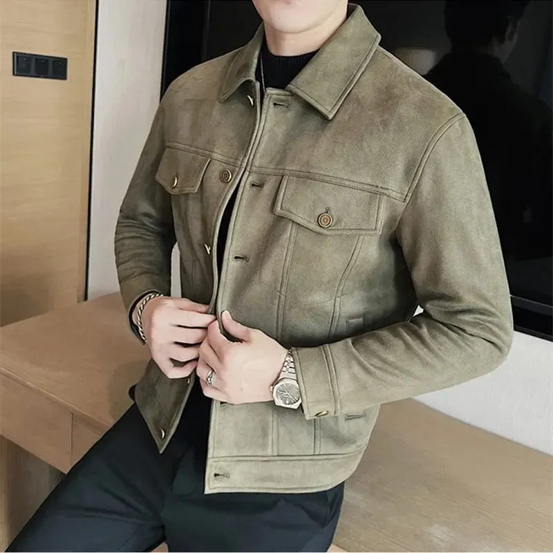 Men's Autumn Winter Suede Jacket – Slim Fit Thickened Lapel Coat for Casual Business & Streetwear