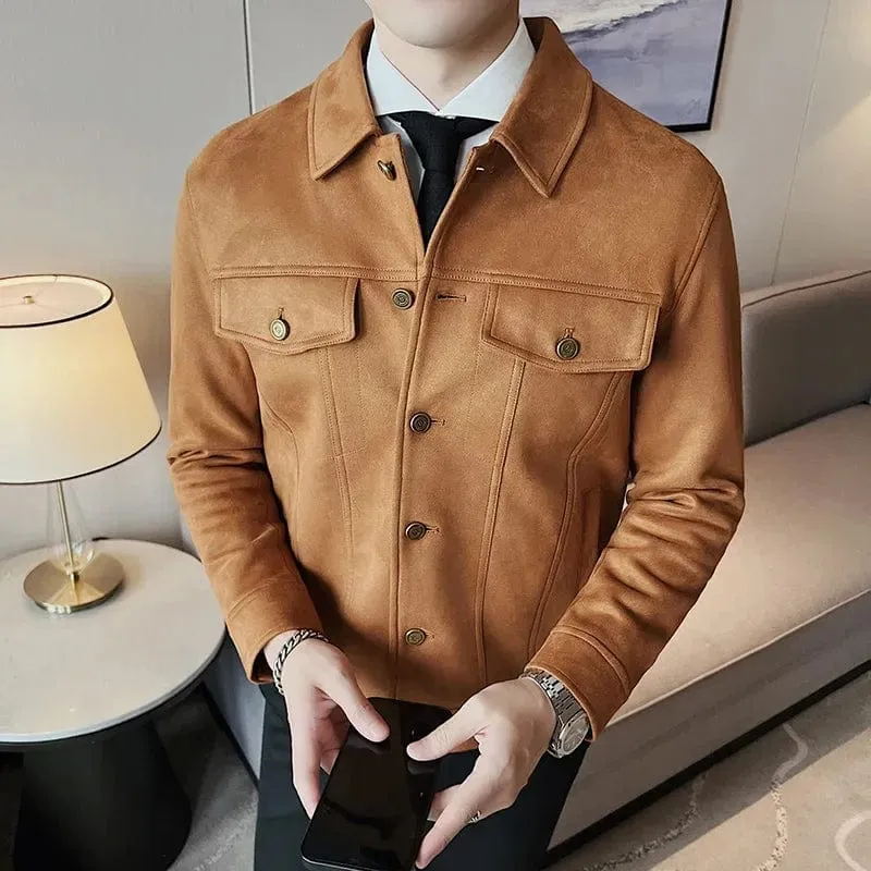 Men's Autumn Winter Suede Jacket – Slim Fit Thickened Lapel Coat for Casual Business & Streetwear