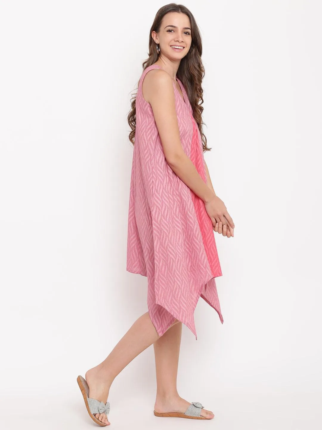 Pink Dobby V-Asymmetric Dress