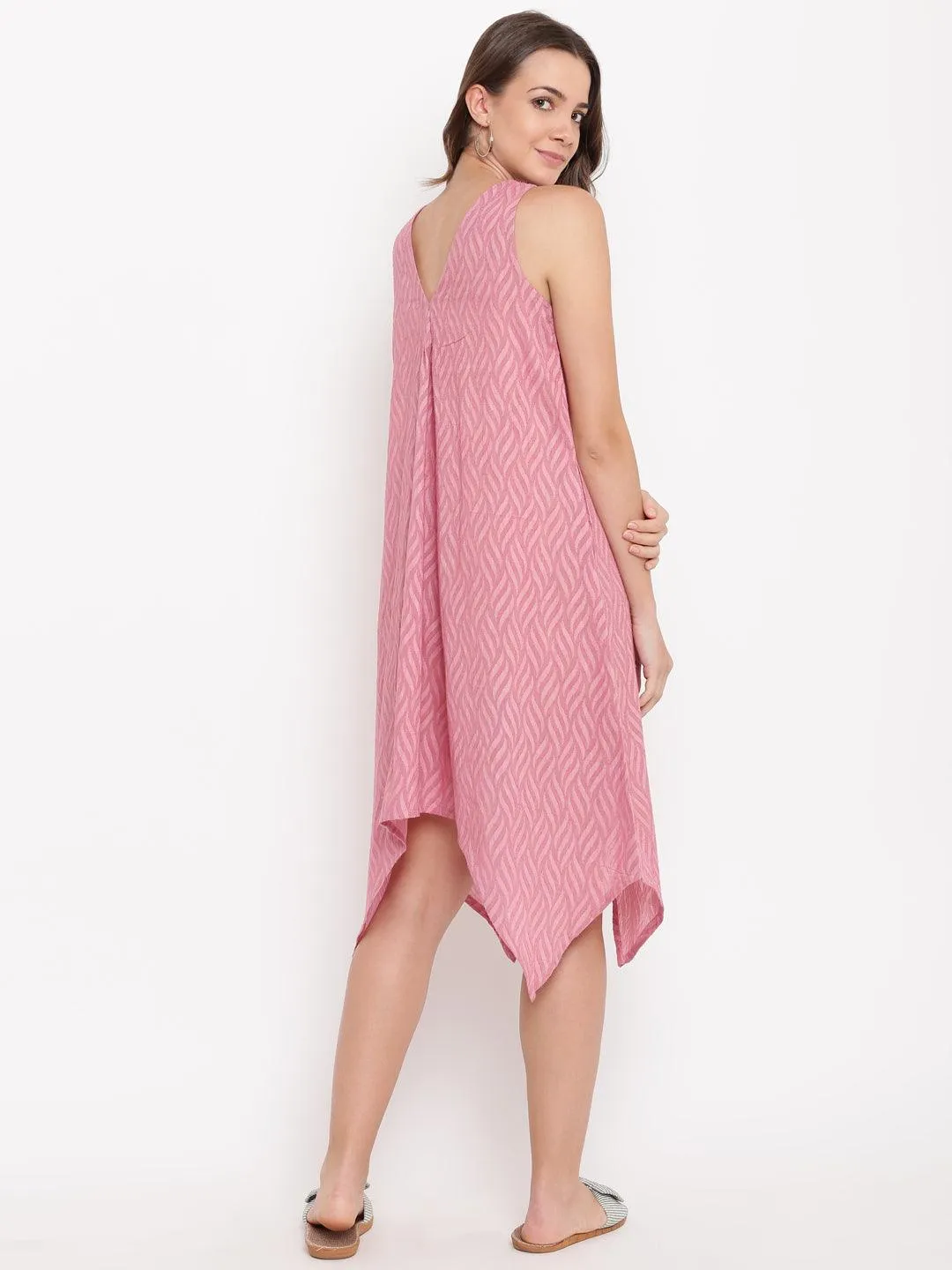 Pink Dobby V-Asymmetric Dress