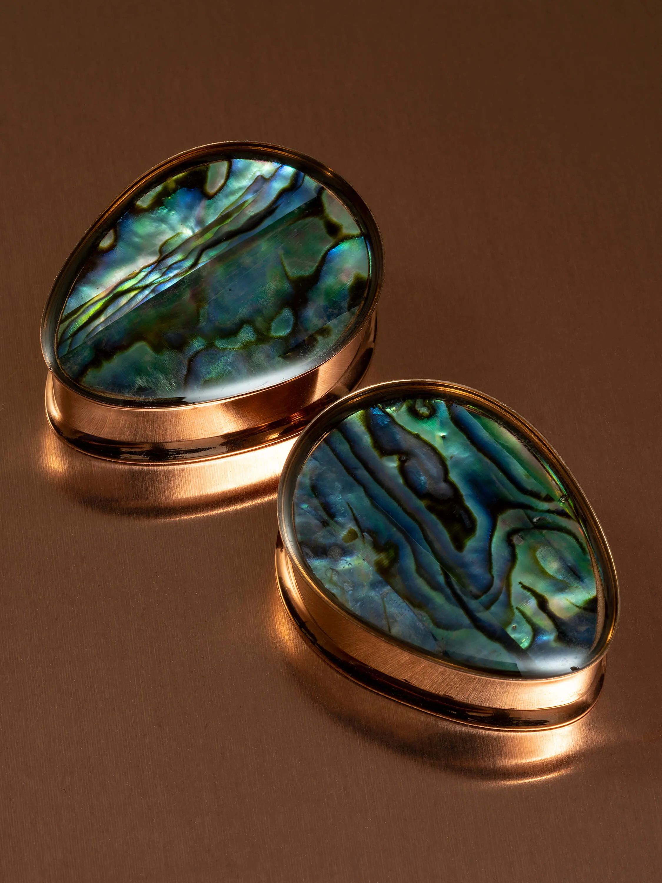 Rose Gold Abalone Inlay Double Flared Teardrop Steel Plugs