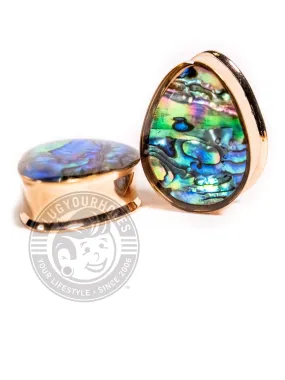 Rose Gold Abalone Inlay Double Flared Teardrop Steel Plugs