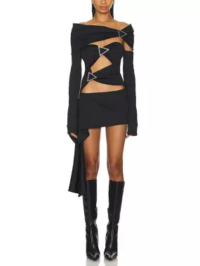 Women’s Asymmetrical Cut-Out Ruched Buckled Black Mini Dress