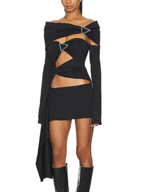 Women’s Asymmetrical Cut-Out Ruched Buckled Black Mini Dress