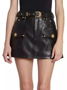 Women’s Belted Black Leather Western Mini Skirt