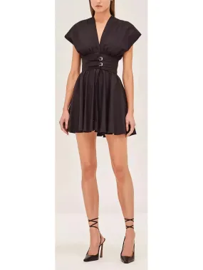 Women’s Black Concealed Button-Down V-Neck Double-Belted Mini Dress