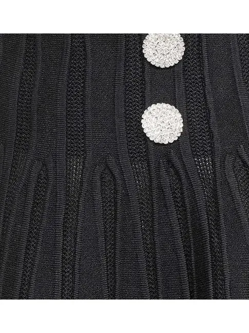 Women’s Black Ribbed Knit Skater Mini Skirt with Crystal Buttons