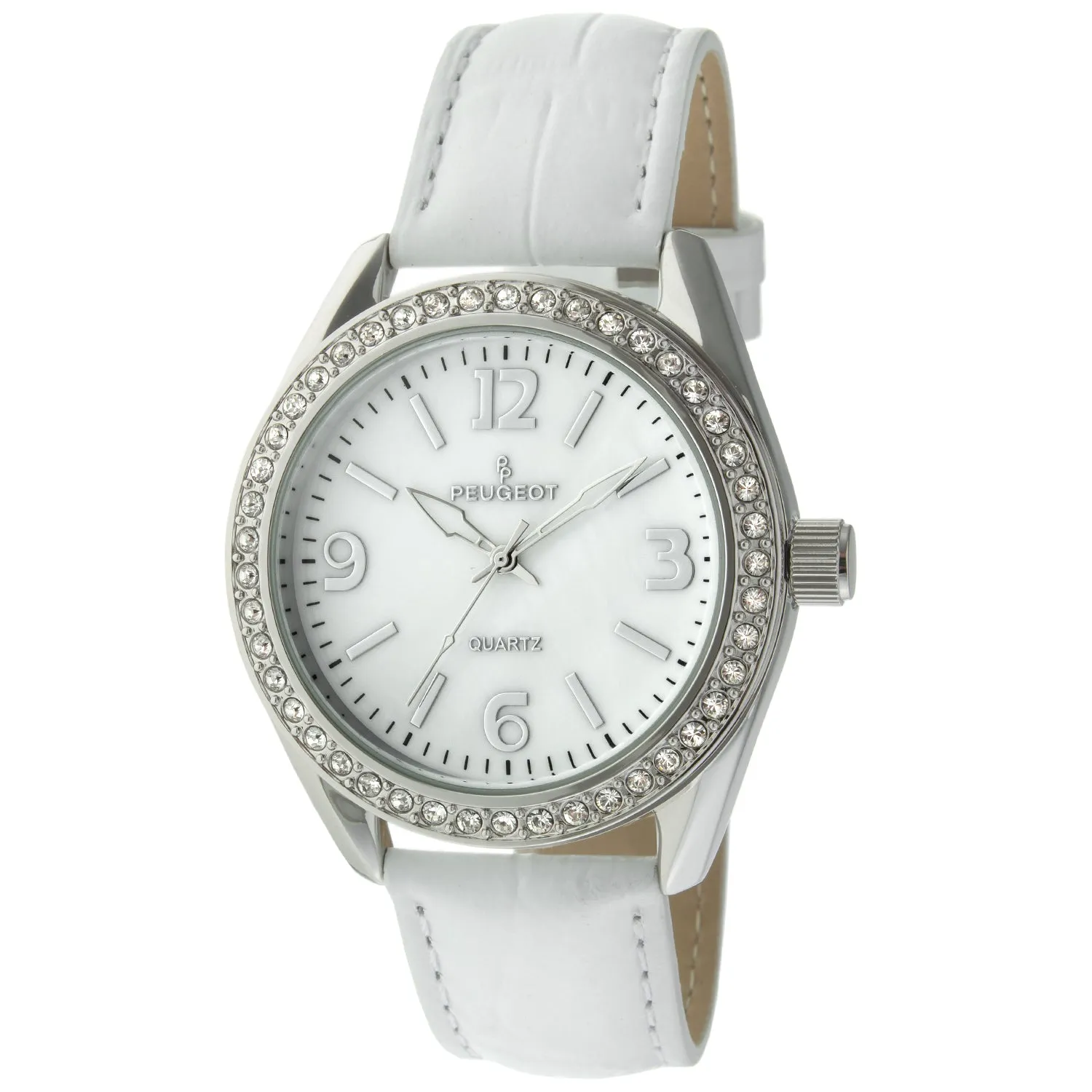 Women's White Watch 40mm Bold Crystal Bezel Leather Strap