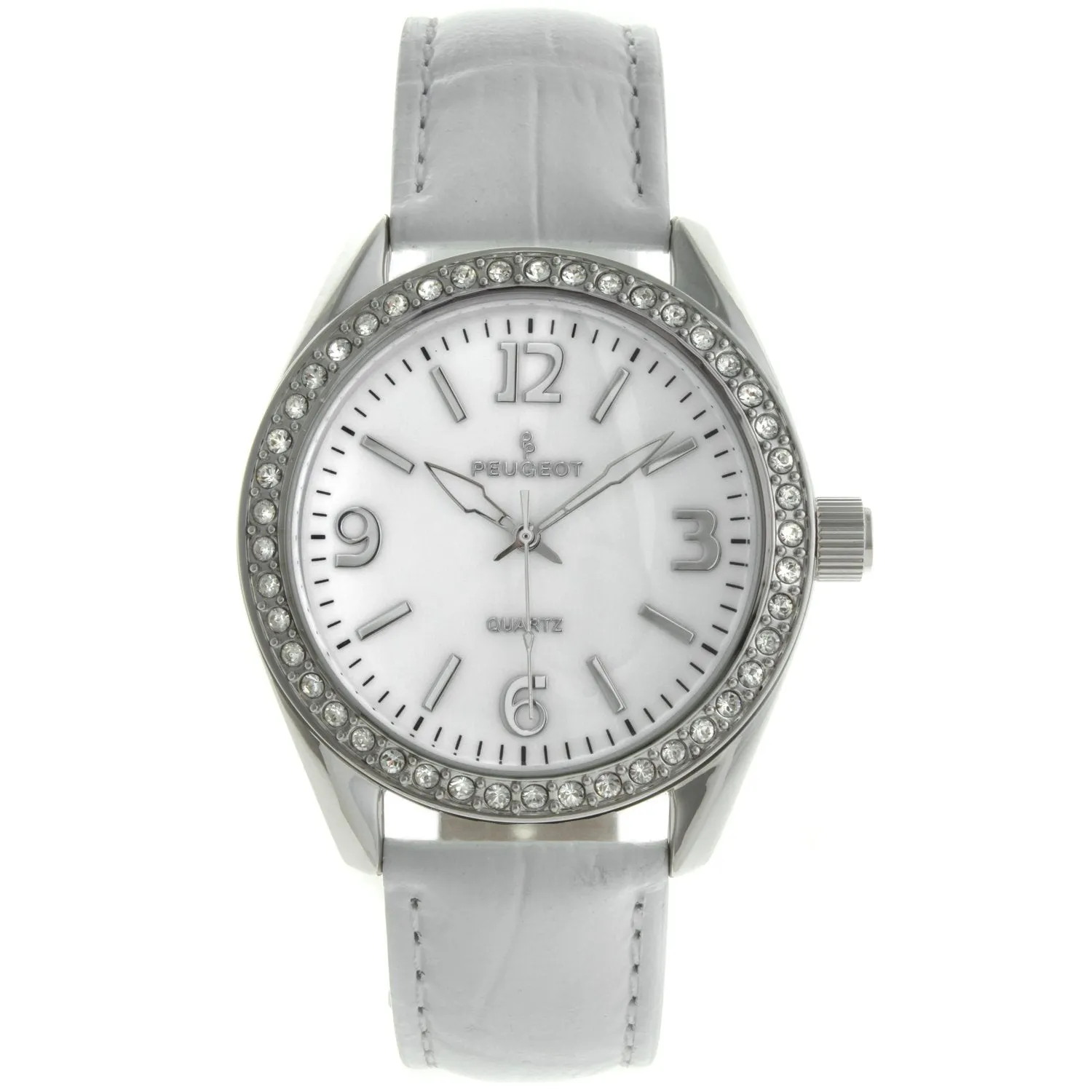 Women's White Watch 40mm Bold Crystal Bezel Leather Strap