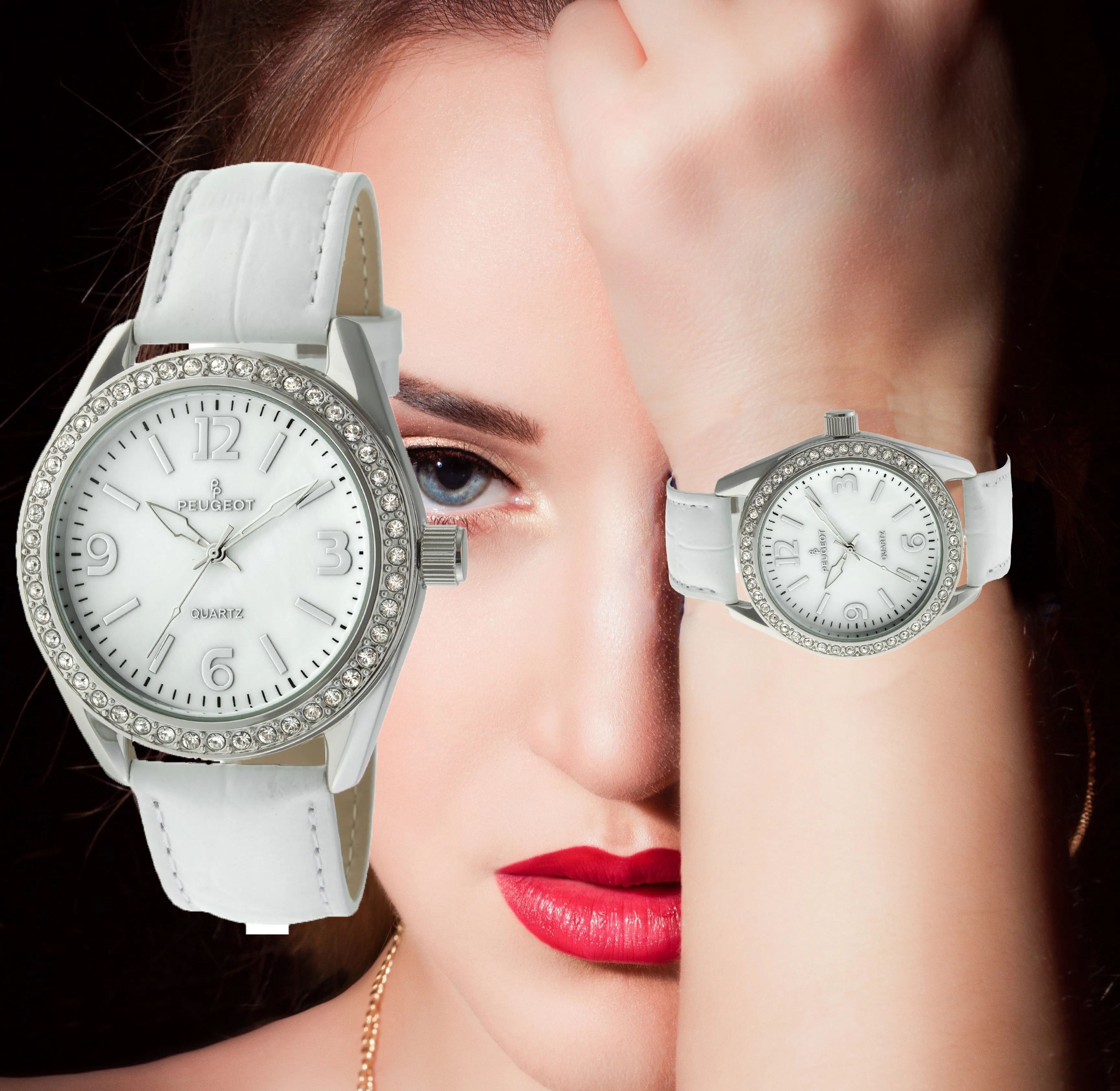 Women's White Watch 40mm Bold Crystal Bezel Leather Strap